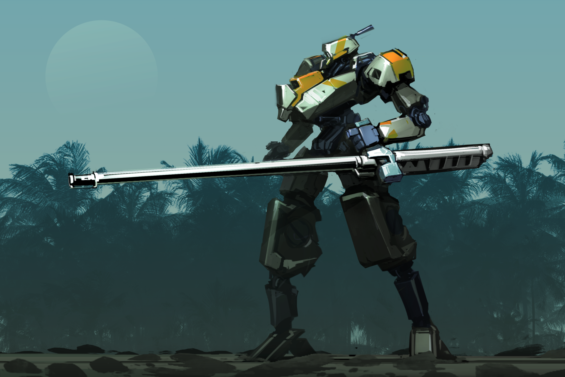 A sci-fi robot armed with a large futuristic weapon stands in a misty forest, rendered as an HD PC desktop wallpaper background.