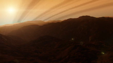 HD PC desktop wallpaper from Space Engine: sci‑fi panorama of a ringed alien planet — sunbeams streak over rugged rocky ridges toward a distant glowing horizon.