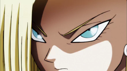 Close-up HD anime wallpaper of Android 18 from Dragon Ball Super, showcasing her determined expression and iconic blue eyes.