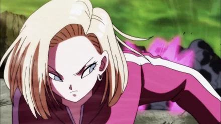 HD anime wallpaper featuring Android 18 from Dragon Ball Super, showcasing her intense expression and dynamic pose in a vibrant green and pink background.
