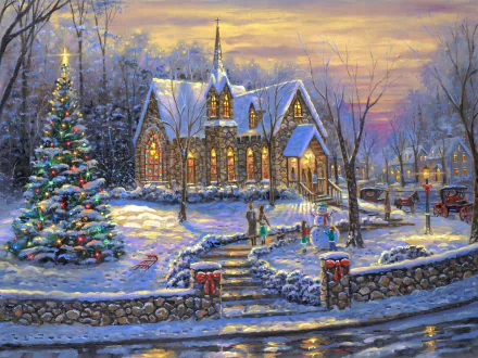 HD desktop wallpaper featuring an artistic painting of a snow-covered winter scene with a decorated Christmas tree and a warmly lit church, surrounded by people celebrating Christmas.