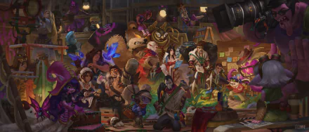 HD desktop wallpaper of League of Legends featuring vibrant and dynamic in-game characters engaged in various activities.