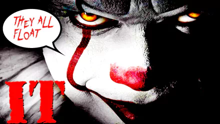 HD desktop wallpaper of Pennywise from the 2017 movie It, featuring his menacing face with glowing yellow eyes and a sinister smile, and a speech bubble saying They all float.