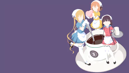 HD desktop wallpaper of anime Blend S, featuring three characters in maid outfits preparing coffee against a purple background.