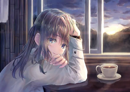 HD anime original wallpaper depicting a thoughtful girl with blue eyes resting her head on her hand by a window, alongside a steaming cup of coffee in a cozy setting.