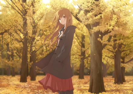 Anime original HD wallpaper featuring a girl with long hair standing amidst a golden autumn forest, wearing a dark coat and a red skirt.