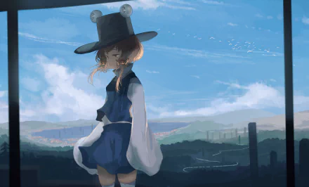 HD anime desktop wallpaper featuring Suwako Moriya from Touhou, standing with a scenic mountain and sky backdrop.