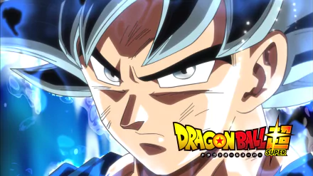 HD desktop wallpaper featuring Goku in Ultra Instinct form from Dragon Ball Super, with intense blue and white aura.