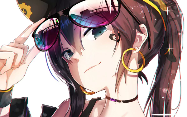 HD desktop wallpaper featuring an anime character from Pixiv Fantasia T, confidently looking forward with sunglasses and large hoop earrings.