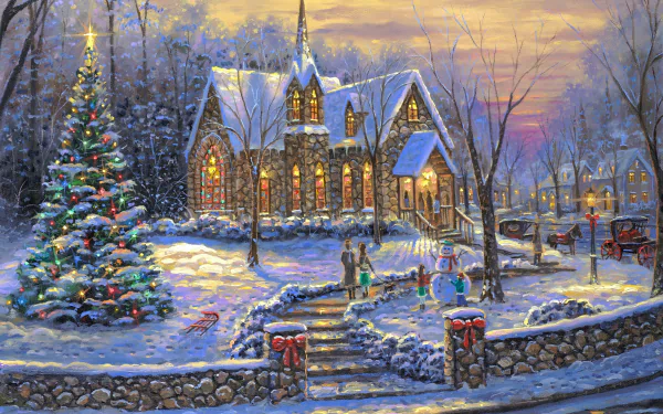 HD desktop wallpaper featuring an artistic painting of a snow-covered winter scene with a decorated Christmas tree and a warmly lit church, surrounded by people celebrating Christmas.