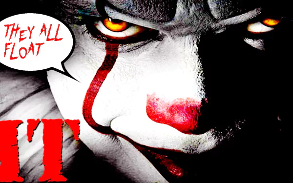 HD desktop wallpaper of Pennywise from the 2017 movie It, featuring his menacing face with glowing yellow eyes and a sinister smile, and a speech bubble saying They all float.
