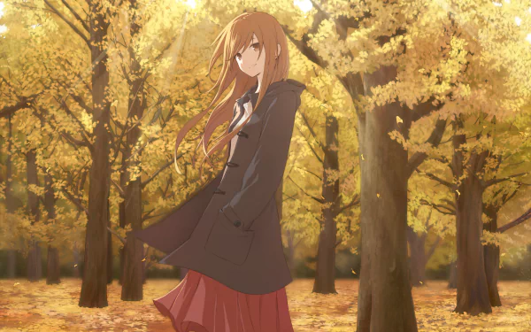 Anime original HD wallpaper featuring a girl with long hair standing amidst a golden autumn forest, wearing a dark coat and a red skirt.