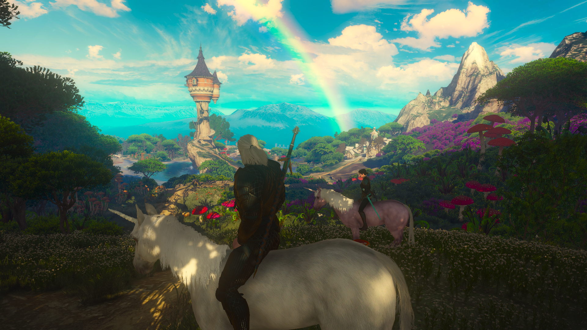 Geralt of Rivia rides a white unicorn through lush landscapes under a vibrant rainbow in this HD PC desktop wallpaper from The Witcher 3: Wild Hunt - Blood and Wine.