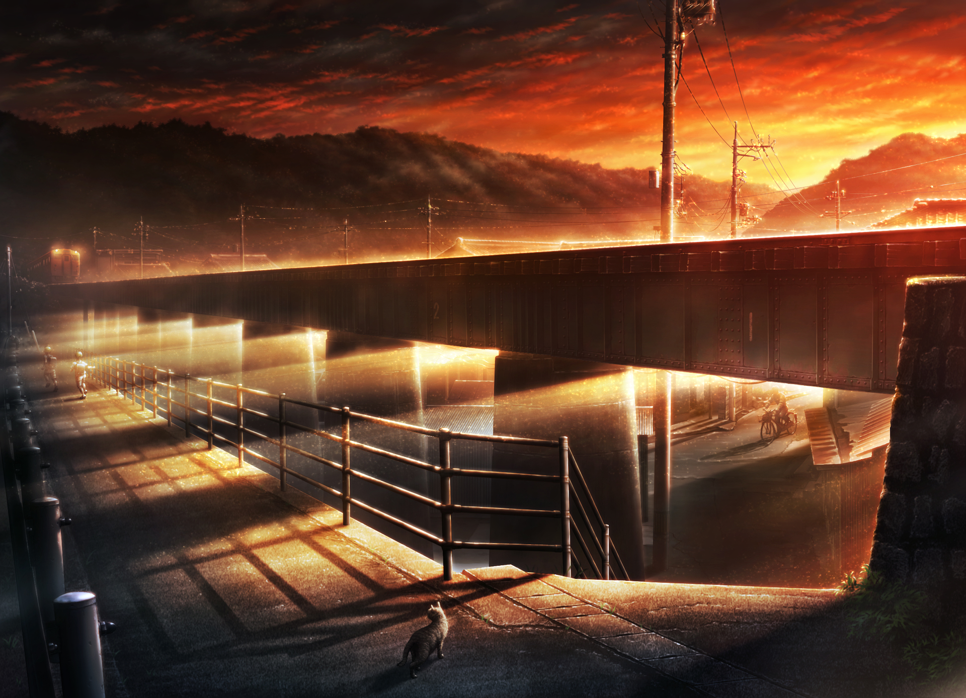 HD anime wallpaper and background depicting an original scene of a bridge at sunset, casting warm, glowing reflections on the water below, with a serene, misty landscape in the distance.