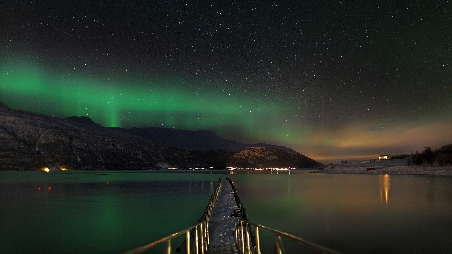 download-snow-mountain-lake-aurora-borealis-winter-norway-night-earth