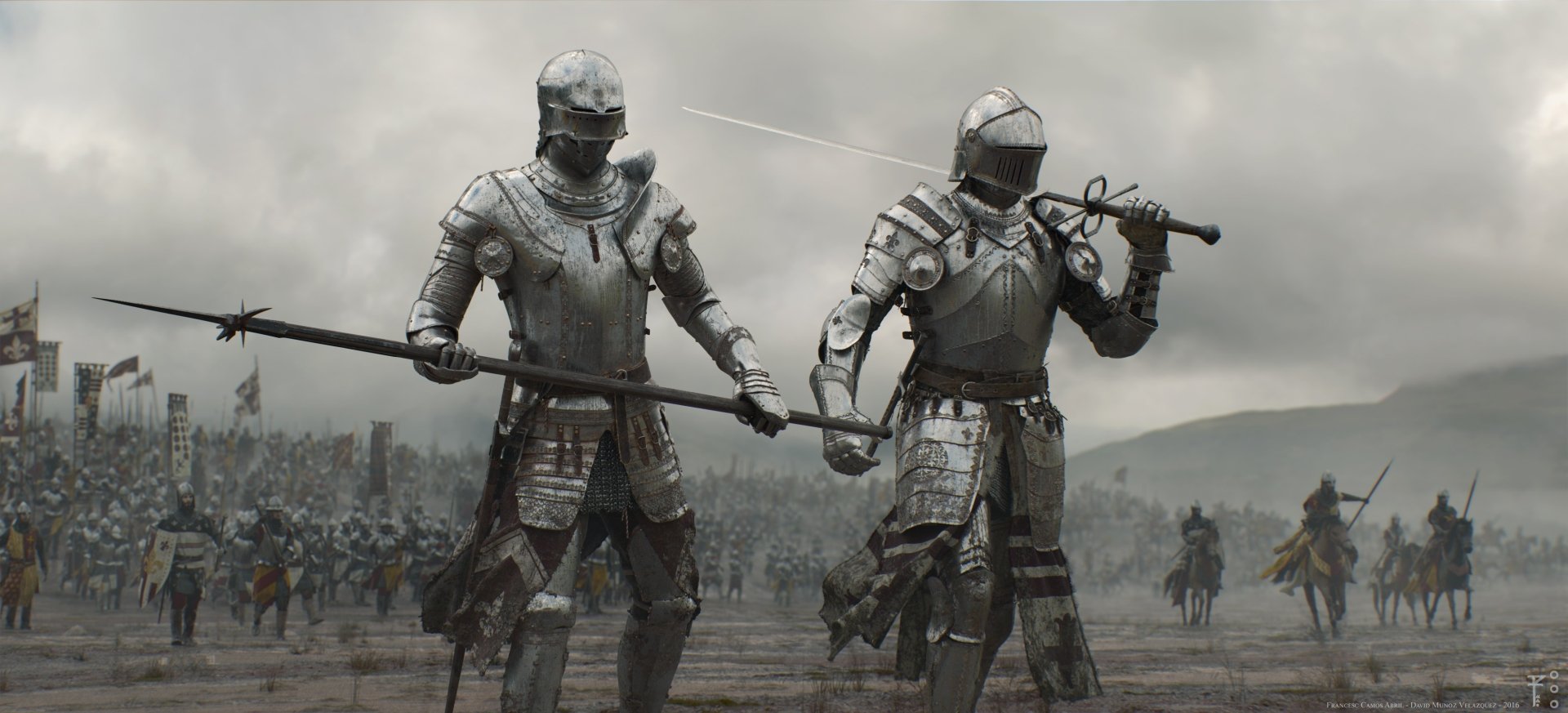 HD desktop wallpaper featuring two fantasy warriors in full armor, one holding a sword and the other a polearm, standing ready for battle amidst an army.