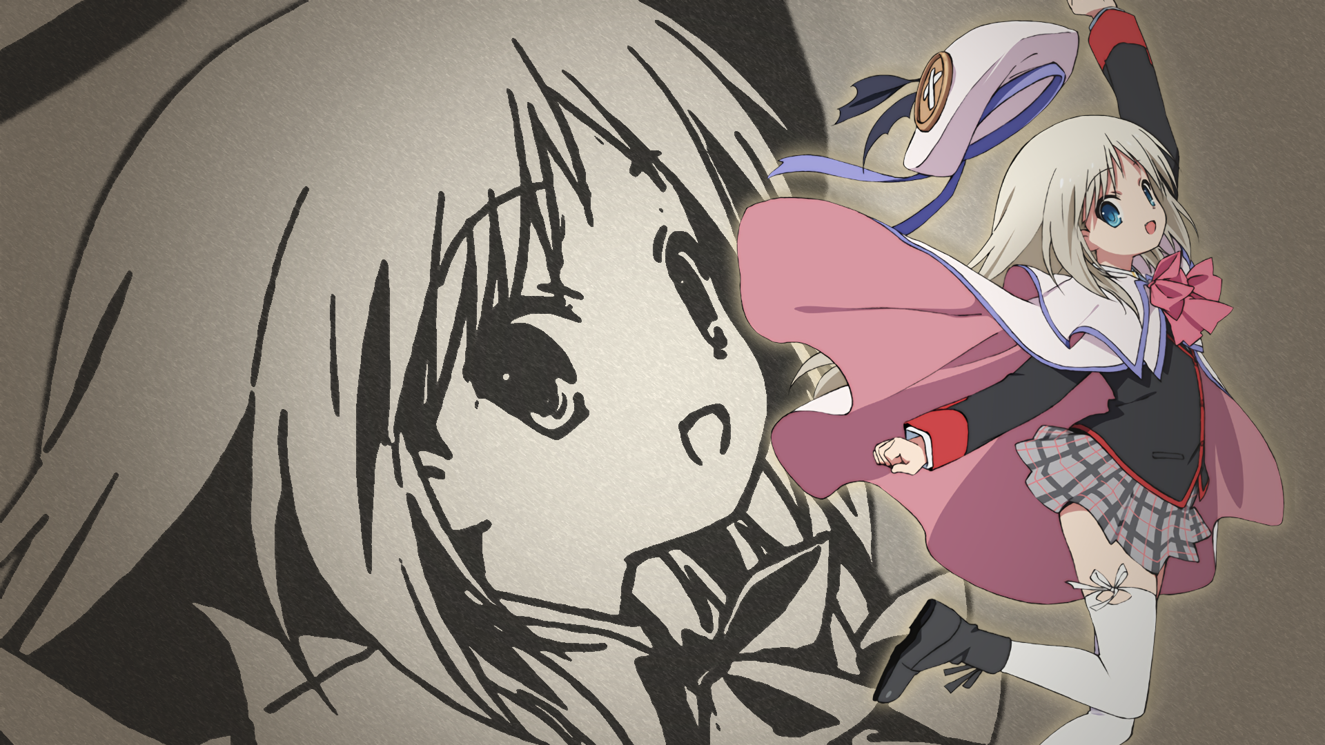 Anime Little Busters! HD PC desktop wallpaper/background: colorful schoolgirl in cape and hat leaping over a large grayscale sketch of the same character.