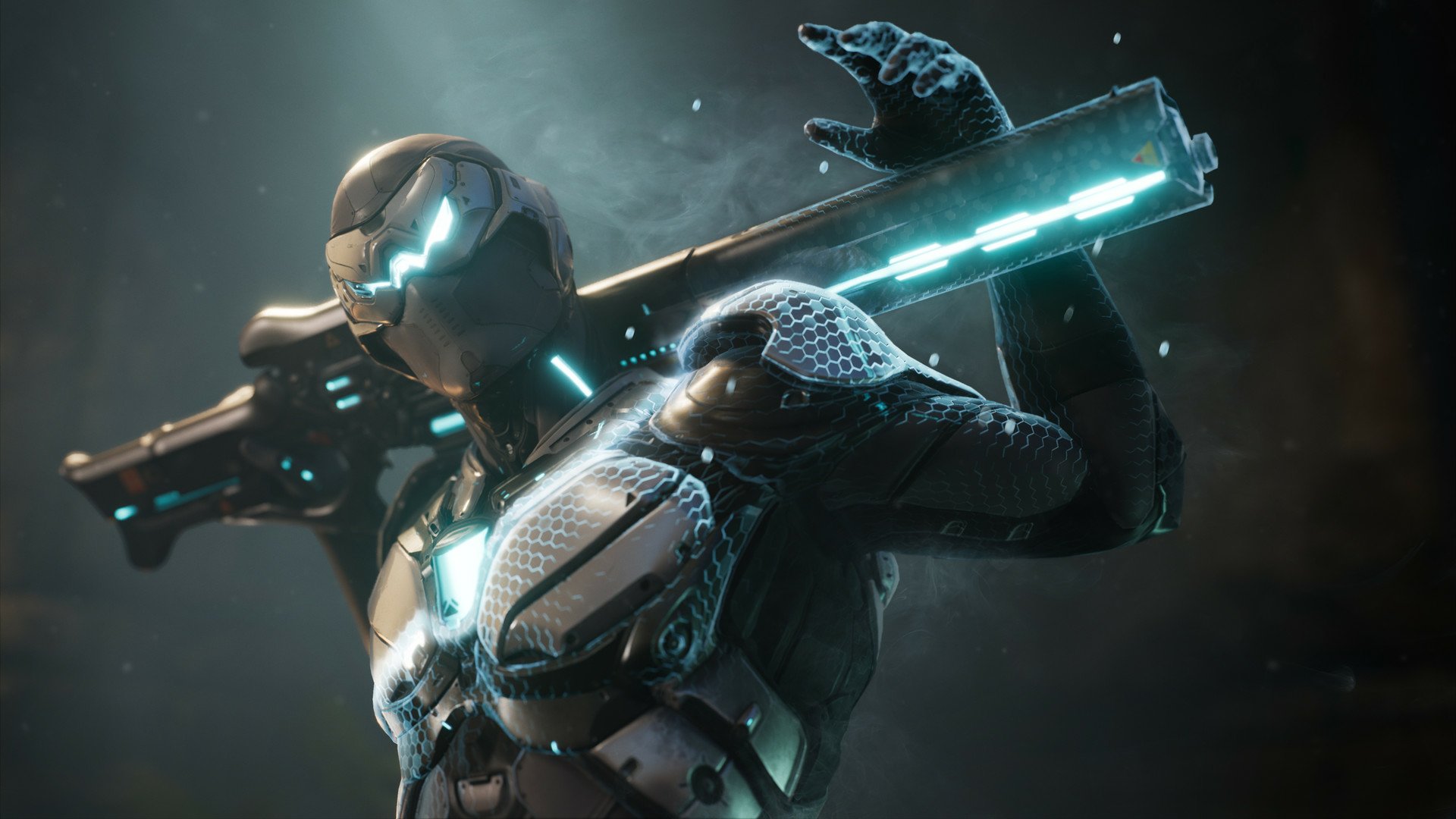 Image of a futuristic warrior in sleek, glowing armor holding a large, luminescent sword on their shoulder. This sci-fi themed HD desktop wallpaper depicts a powerful battle-ready character.