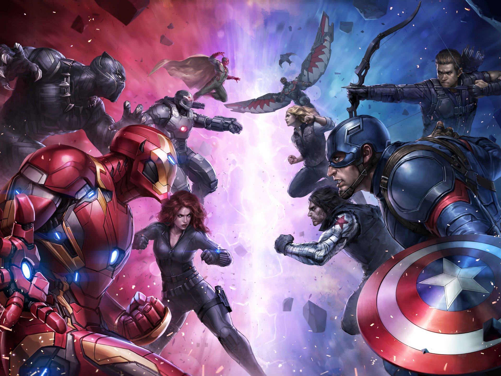HD wallpaper featuring Marvel's Avengers from Future Fight, including Captain America, Iron Man, Black Widow, and more in action.