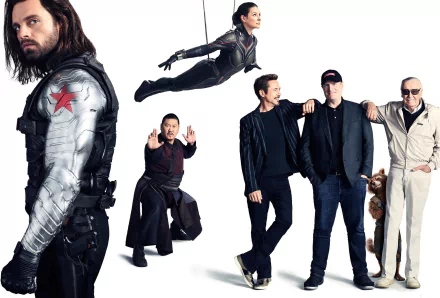 HD desktop wallpaper featuring Sebastian Stan as Winter Soldier, Evangeline Lilly as Wasp, and other Marvel stars from Avengers: Infinity War.