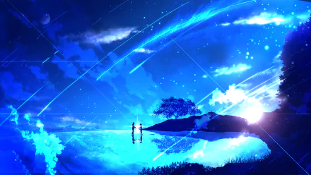 Fantasy anime wallpaper from Your Name. featuring a serene, starry night scenery with two characters near a reflective water body. The HD image showcases a breathtaking celestial and terrestrial blend.