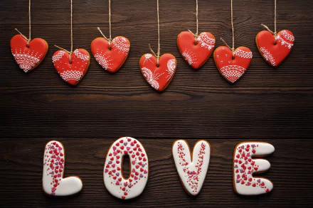 HD desktop wallpaper featuring heart-shaped cookies hanging on strings and the word LOVE spelled out with decorated cookies, expressing a Valentine's Day theme with a romantic and artistic touch.