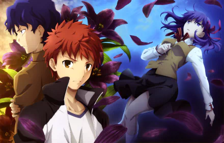 Vibrant 4K Ultra HD wallpaper featuring Shinji Matou, Shirou Emiya, and Sakura Matou from Fate/stay Night Movie: Heaven's Feel surrounded by dark petals.