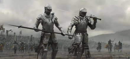 HD desktop wallpaper featuring two fantasy warriors in full armor, one holding a sword and the other a polearm, standing ready for battle amidst an army.