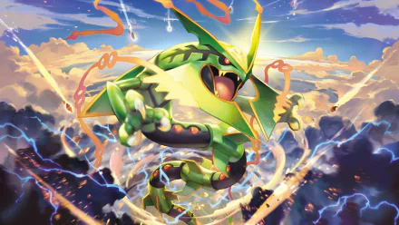 HD desktop wallpaper featuring the legendary Pokémon Mega Rayquaza from the video game Pokémon: Omega Ruby and Alpha Sapphire, shown in a dynamic and vivid sky background.