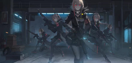 HD desktop wallpaper featuring M4 Sopmod II from the video game Girls Frontline. The character is depicted with a group, armed and ready, in a dimly lit, industrial setting.