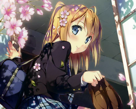 Anime-style HD desktop wallpaper featuring a blonde girl with blue eyes in a spring setting, surrounded by cherry blossoms, inspired by 5 Nenme no Houkago by Kei Miyaguchi.
