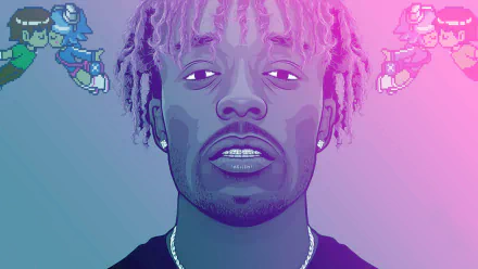 HD desktop wallpaper featuring a stylized portrait of a hip-hop artist against a gradient background with floating cartoons.