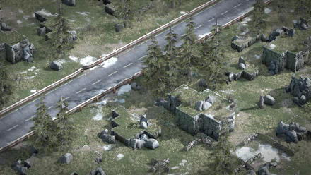 HD desktop wallpaper from Xenonauts 2 featuring an isometric view of a rural landscape with road, trees, and rocks.