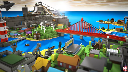 HD Roblox-themed desktop wallpaper featuring a vibrant virtual landscape with a red bridge and various buildings.