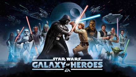 HD wallpaper featuring characters from Star Wars: Galaxy of Heroes with Darth Vader and Luke Skywalker dueling in the forefront.