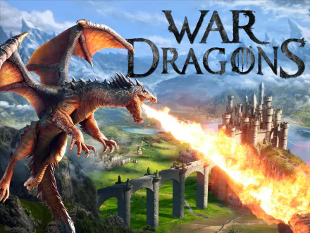 HD wallpaper depicting a dragon breathing fire over a medieval landscape, with the logo War Dragons prominently displayed.