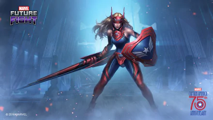 HD desktop wallpaper of Sharon Rogers from Marvel: Future Fight, in Captain America gear with blonde hair and shield weapon.
