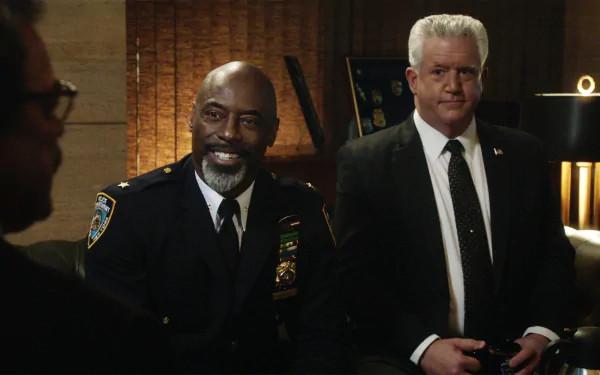 HD desktop wallpaper of two characters from Blue Bloods in uniform, sharing a moment with a warm, ambient background.