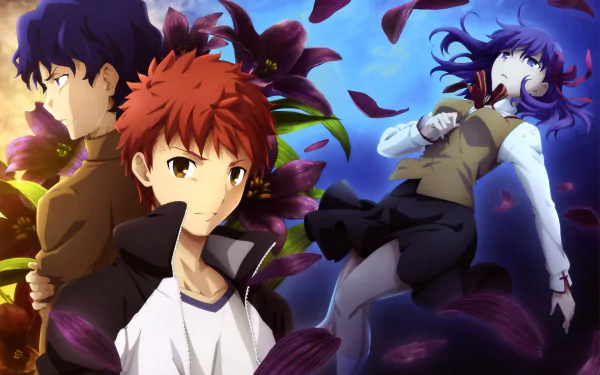 Vibrant 4K Ultra HD wallpaper featuring Shinji Matou, Shirou Emiya, and Sakura Matou from Fate/stay Night Movie: Heaven's Feel surrounded by dark petals.