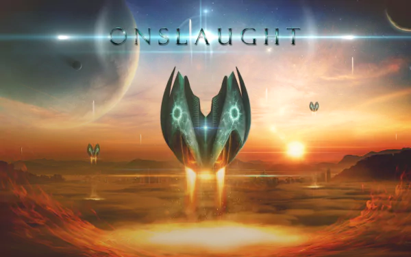 A futuristic spaceship rises at sunrise over a dreamy alien planet in this 4K Ultra HD sci-fi PC desktop wallpaper featuring advanced manipulation and Photoshop effects.