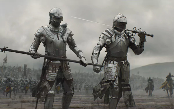 HD desktop wallpaper featuring two fantasy warriors in full armor, one holding a sword and the other a polearm, standing ready for battle amidst an army.