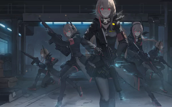 HD desktop wallpaper featuring M4 Sopmod II from the video game Girls Frontline. The character is depicted with a group, armed and ready, in a dimly lit, industrial setting.