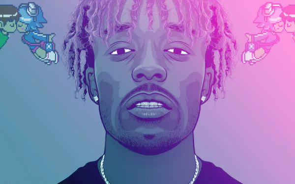 HD desktop wallpaper featuring a stylized portrait of a hip-hop artist against a gradient background with floating cartoons.