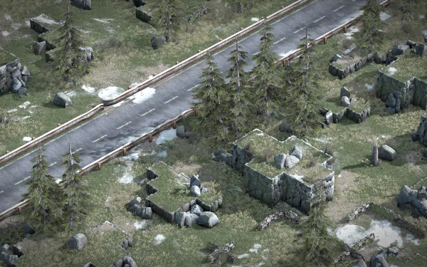 HD desktop wallpaper from Xenonauts 2 featuring an isometric view of a rural landscape with road, trees, and rocks.