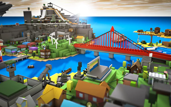 HD Roblox-themed desktop wallpaper featuring a vibrant virtual landscape with a red bridge and various buildings.