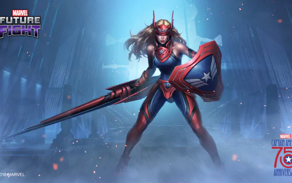 HD desktop wallpaper of Sharon Rogers from Marvel: Future Fight, in Captain America gear with blonde hair and shield weapon.