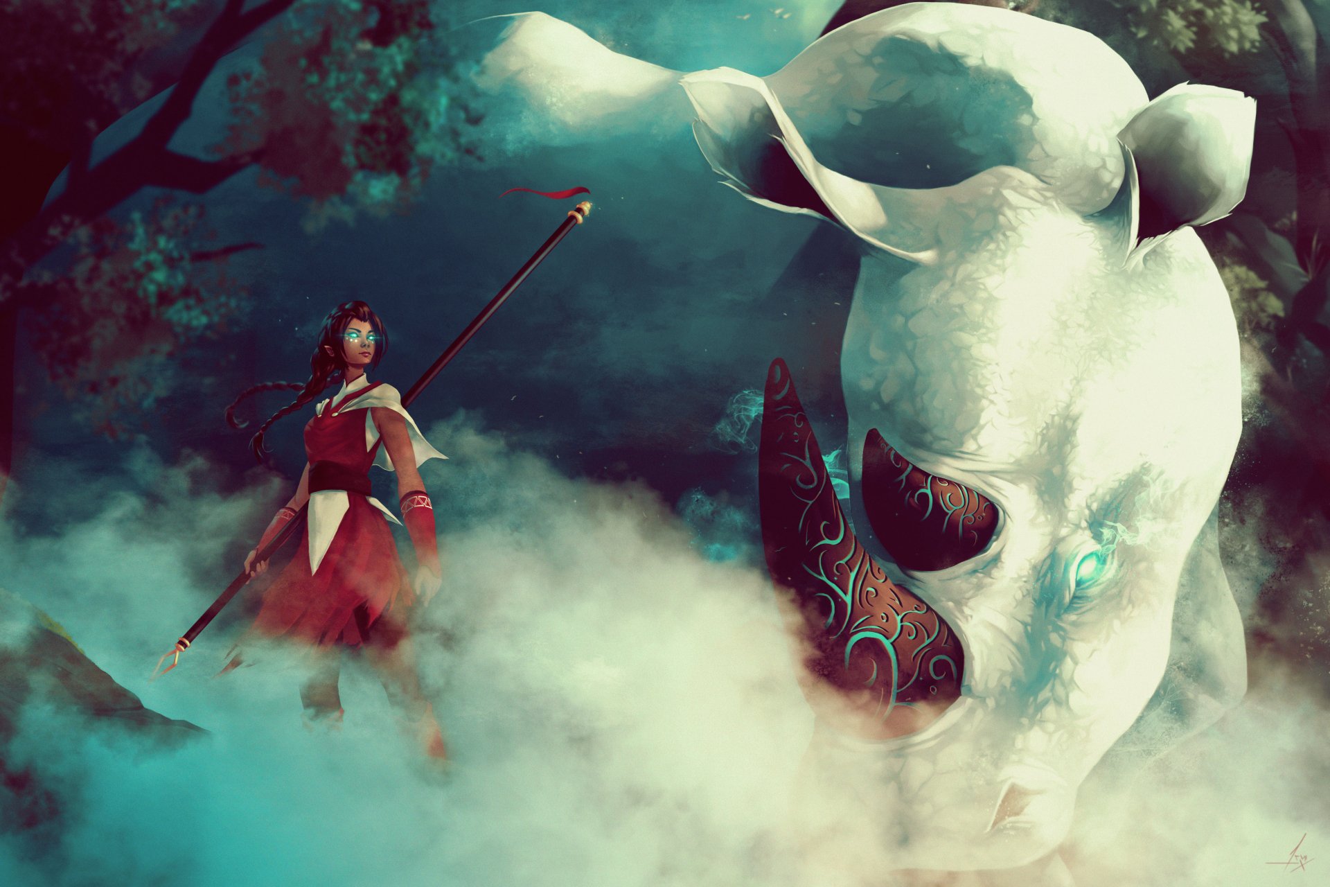 A fantasy 4K Ultra HD wallpaper of a woman warrior with braided hair standing beside a giant rhino spirit emerging from mist.