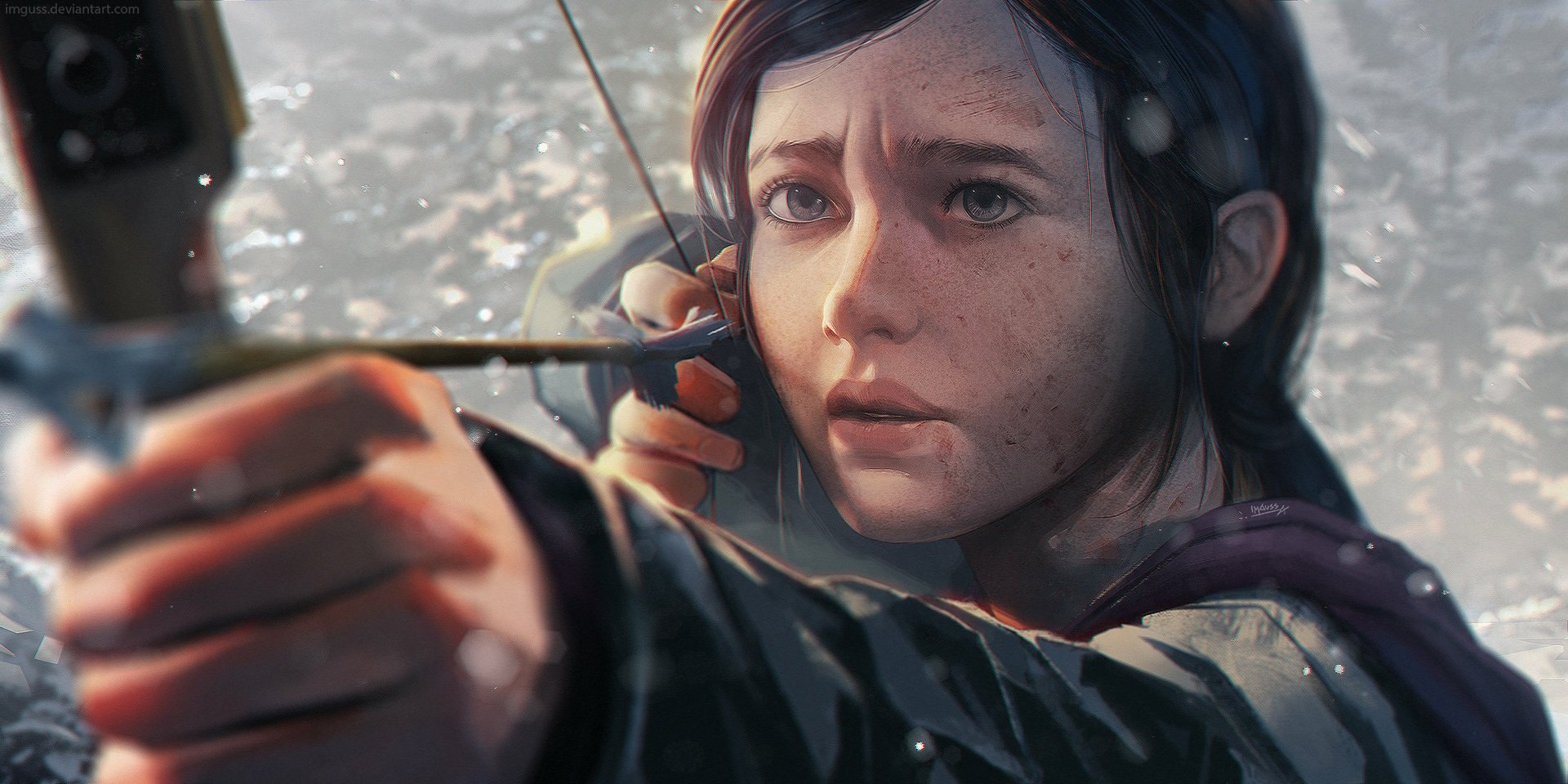 HD PC desktop wallpaper featuring Ellie from The Last of Us video game, aiming her bow with intense focus in a detailed, realistic art style.