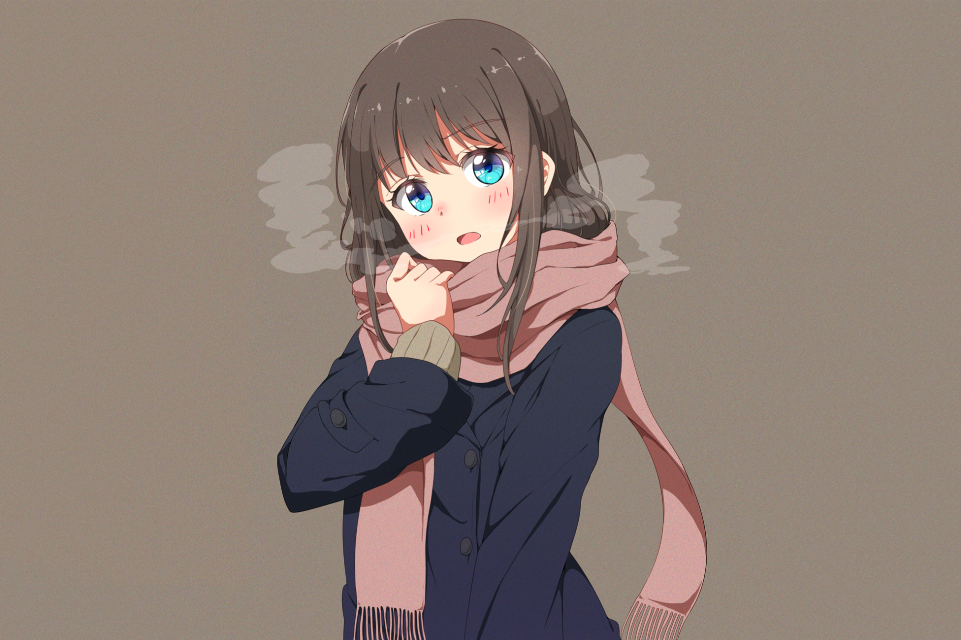 Anime original HD PC desktop wallpaper of a brown‑haired girl with bright blue eyes, wearing a navy coat and pink scarf, clutching the scarf to her face against a muted background.