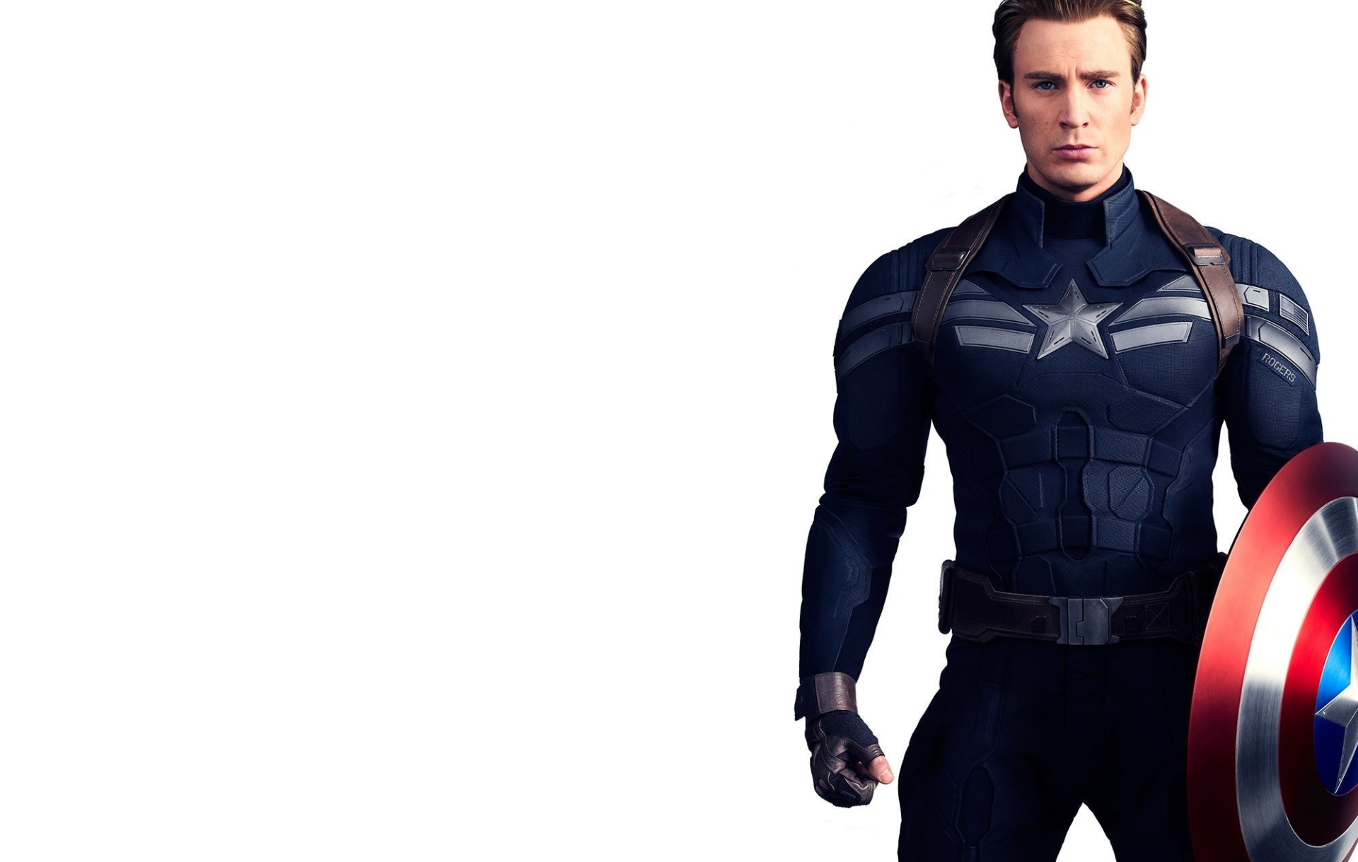 HD desktop wallpaper featuring Chris Evans as Steve Rogers, known as Captain America, from the movie Avengers: Infinity War, holding his iconic shield with a serious expression.